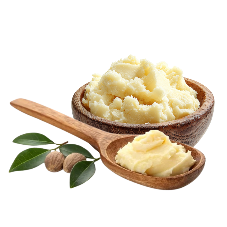 Unrefined shea butter in a wooden bowl with a spoon
